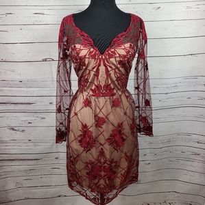 Marchesa Notte Lace Ling Sleeve Dress